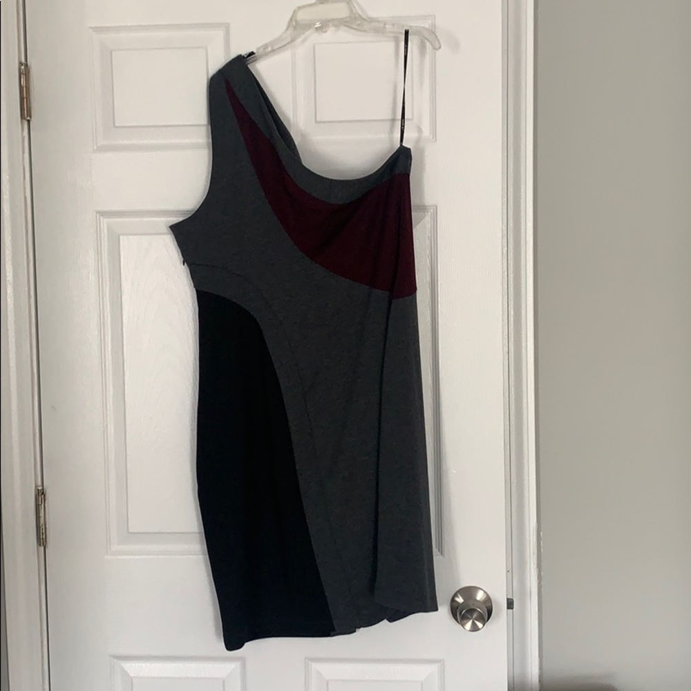 Black, grey, and maroon one shoulder dress
